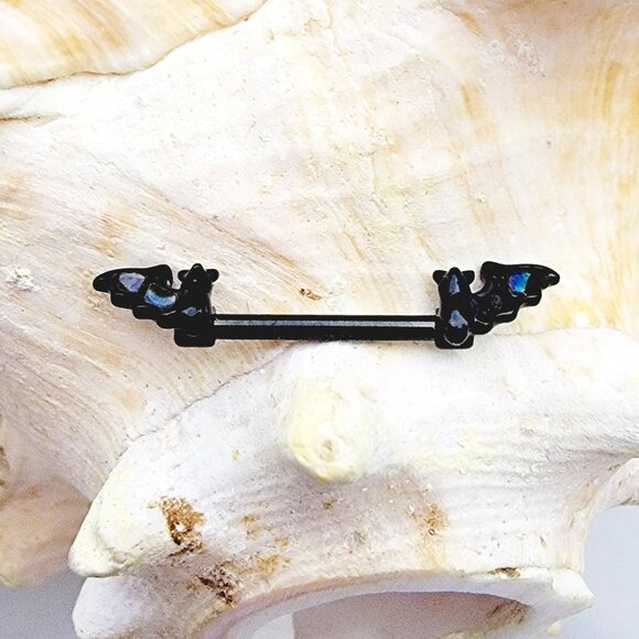 NWT 14G Black Bat PVD coated Surgical Steel abalone insert nipple bar piercing - Picture 1 of 6